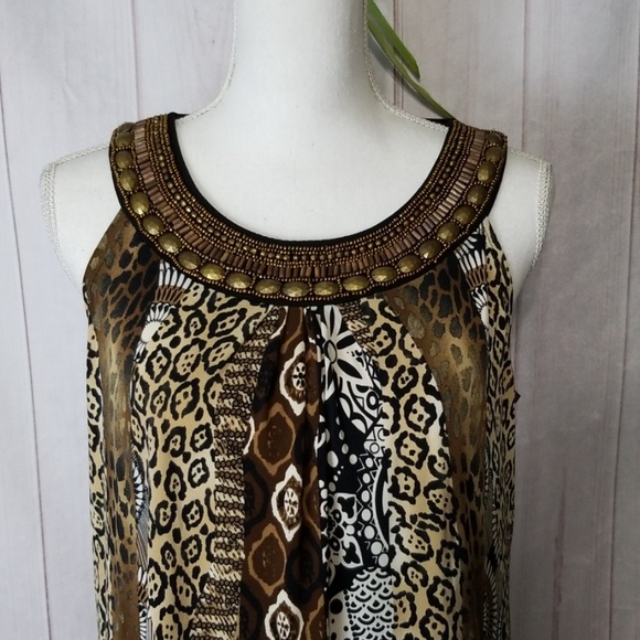 Elementz sz M Shift Dress Brown Black Beaded - Picture 2 of 7